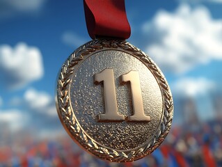 Gold medal, number eleven, red ribbon, victory