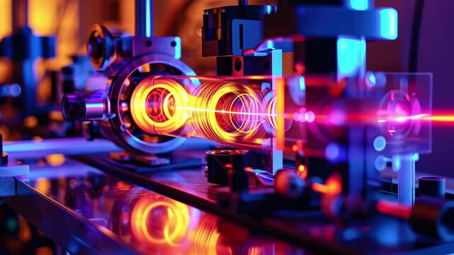 Advanced laser technology in a laboratory setting showcasing vibrant beams and precise instruments during an experimental setup