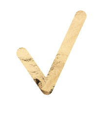 Golden checkmark symbolizing approval and success. Completed, correct answer, confirming achievement and validation. Textured design isolated on white background, representing accomplishment and.
