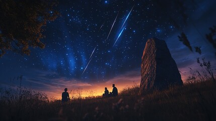 Silent night with  meteors above ancient stone circle and stargazers