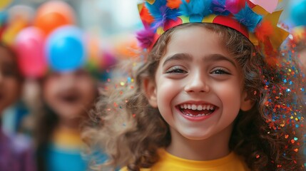 Fototapeta premium Happy Young Girl with Curly Hair Wearing a Colorful Headpiece and Glitter, Smiling at a Joyful Street Parade or Festival