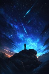 Fototapeta premium Close-up silhouette of person observing meteors over rocky hill at night