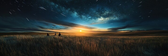 Panoramic view of  meteors over quiet grassy plain with small stargazing group
