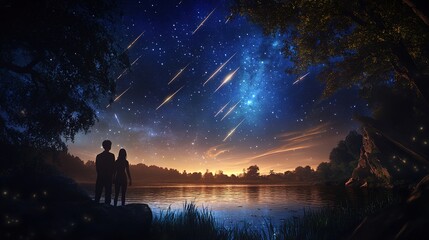 Wide night sky with  meteors over tranquil forest river and stargazing couple