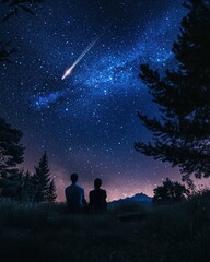 Silhouetted couple watching  meteors over tranquil forest clearing at night