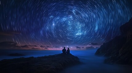 Bright  meteors over serene coastal bay with stargazing family silhouettes