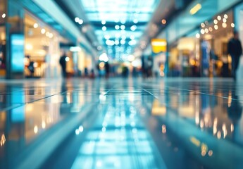 Blurred shopping mall interior with reflective floor showing colorful lights, warm-lit storefronts and moving figures.