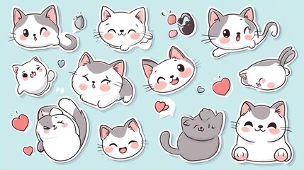 Cute cartoon cats in various poses and expressions, perfect for stickers or designs.