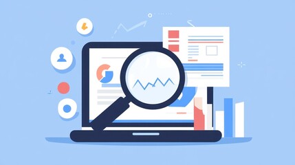 Data analysis on laptop; charts, graphs; business background; website illustration