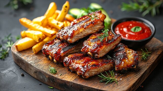 Grilled pork ribs with fries and sauce