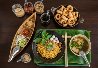 Ayutthaya Boat Noodle with Pork Nam Tok and Spicy Leng Zaap Soup