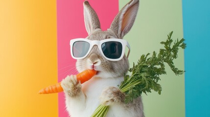 Cute rabbit wearing sunglasses eats carrot against colorful background.