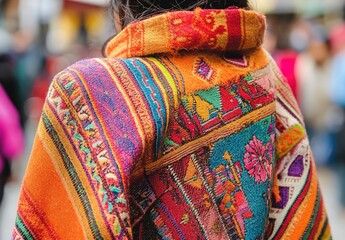 Person's back wearing vibrant traditional-patterned shawl in crowded area.