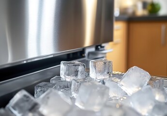 Close-up of ice cubes on stainless-steel appliance with control knob.