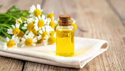 Chamomile Essential Oil in Glass Bottle with Fresh Flowers on Rustic Wooden Background - Natural Aromatherapy and Herbal Healing Concept