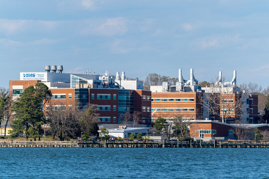 Virginia Institute of Marine Science, VIMS, part of William and Mary, in Gloucester Point, Virginia, viewed from across the York River. 