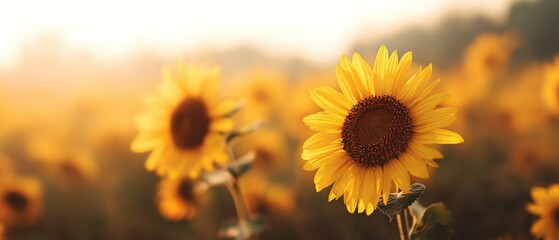 Obraz premium Sunflower Field Basking in Bright Afternoon Light with Soft Blur for Depth