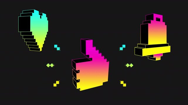 3D pixel gradient neon animations of rotating heart, like hand and notification bell. Seamless loop on a transparent alpha channel. 