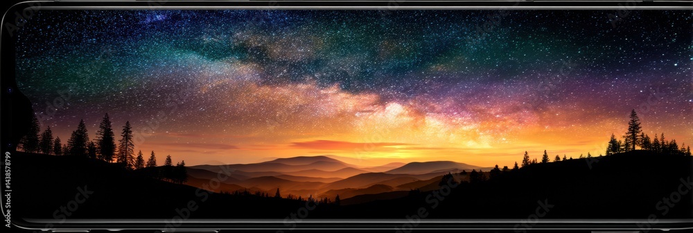 Aufkleber night mode capturing a stunning starry landscape with mountains and trees under a colorful sky at tw