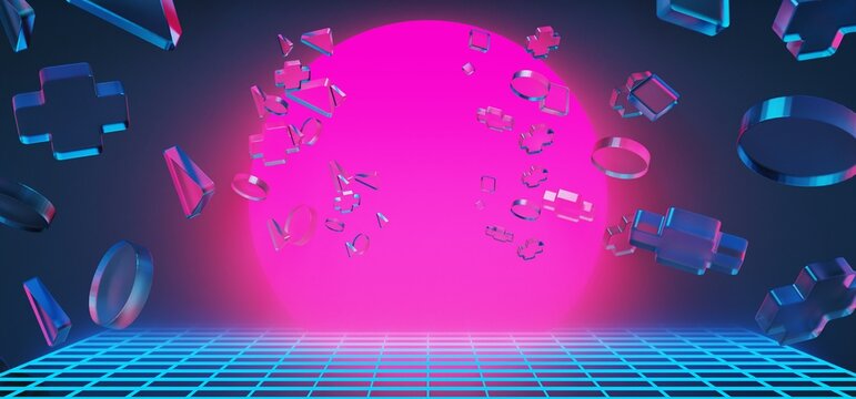 3d illustration rendering of y2k 2000s gamer technology futuristic fantasy metaverse cyberpunk sci-fi display podium abstract background neon-glow