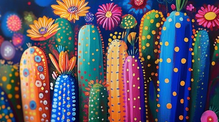 Vibrant Abstract Painting of Colorful Cacti and Flowers in a Playful, Whimsical Style with Bold Dots and Patterns