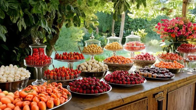 Catering candy bar food buffet in a festive garden setting with colorful displays of sweets, Catering candy bar food buffet in garden, festive sweet dessert celebration party event