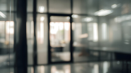 Dynamic office scene with blurred background and doorway modern workspace calm atmosphere