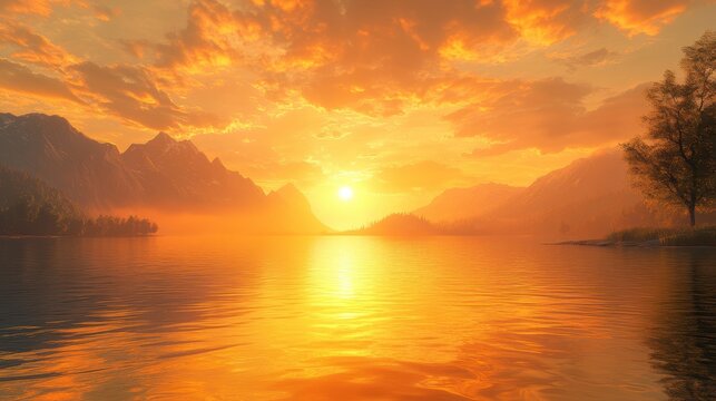 A sunset lake background with still waters, golden sky, and soft light reflections
