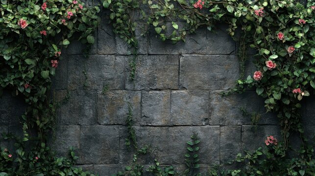 A medieval castle wall background with aged stone and ivy vines