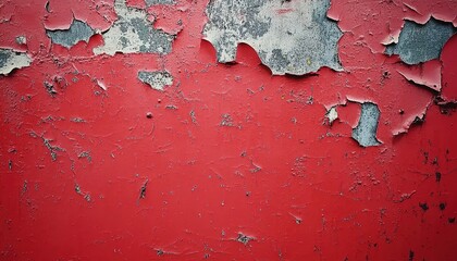 Peeling red paint revealing gray underlayer on rough surface