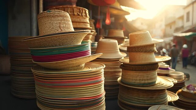 Colorful hats and plates stacked high in a market stall. Sunlight streams through the marketplace