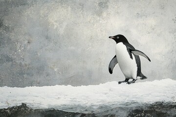 Obraz premium A solitary penguin waddling across an icy patch, its small body swaying with each step