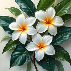 Fototapeta premium Vibrant Plumeria Flowers with Green Leaves