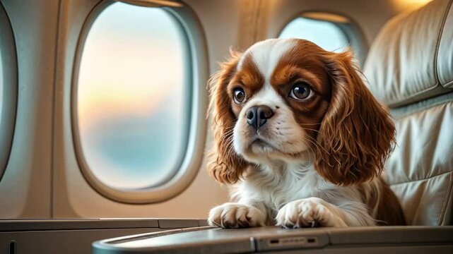 cute cavalier king charles spaniel puppy on plane near window


