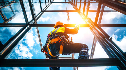 Construction Worker on Steel Frame Against Sky