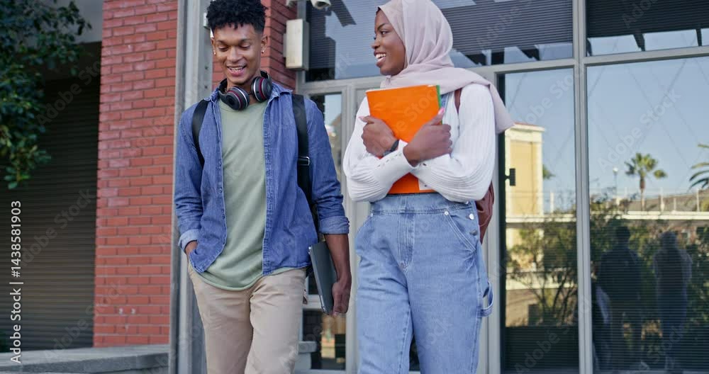 Aufkleber university, students and walking on campus to class with talking, lecture information and college jo