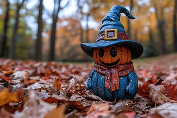 Autumnal pumpkin figurine wearing a witch's hat amidst fallen leaves