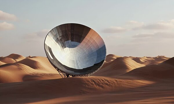 Parabolic dish in desert landscape