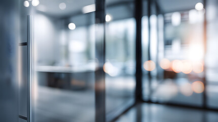 Office interior action blurred doorway scene modern workspace professional environment depth