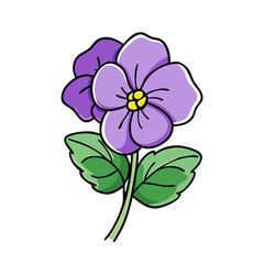 Illustration of purple violet flower blossom with leaves and stem floral design drawing art, nature, spring, bloom