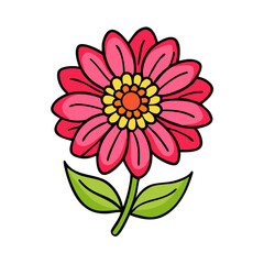 Illustration of pink flower with green leaves and yellow center floral design botanical art vector