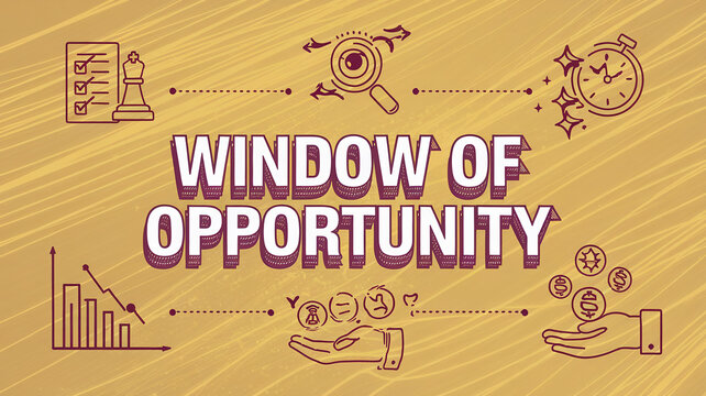 Illustrative graphic depicting a window of opportunity concept with icons of planning, time, analysis, and financial gain, suggesting strategic timing and seizing chances for success