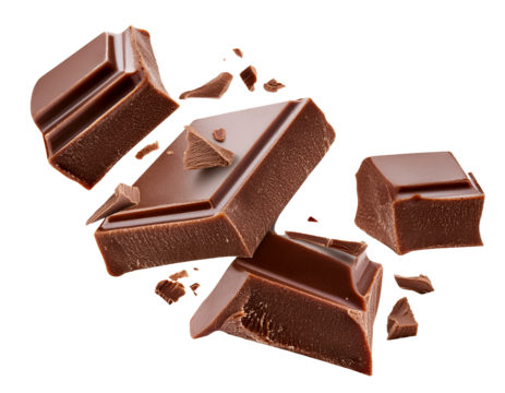 fallende Schokoladen Stücke isoliert auf weißen Hintergrund, Freisteller 