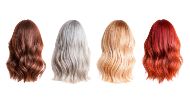 Collection of Wavy Hairstyles in Various Colors Including Brown, Silver, Blonde, and Red on Transparent Background