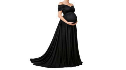 Elegant Pregnant Woman in Flowing Black Gown Showcasing Baby Bump on Transparent Background