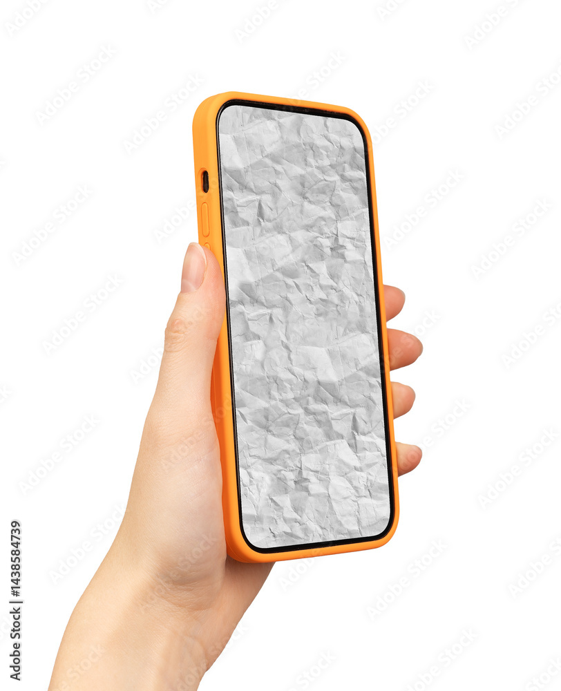Aufkleber hand holding a smartphone with an orange phone case, displaying crumpled paper screen. technology an