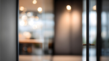 Blurred office interior with glass door highlighting modern workspace atmosphere and design