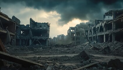 Ruined brick buildings with collapsed walls and rubble under overcast sky.