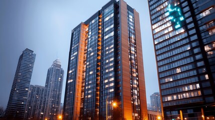 Urban cityscape at dusk Tall buildings light up against a muted sky