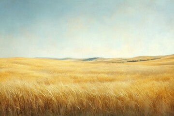 Obraz premium Golden wheat field under a serene sky, rolling hills in the distance, peaceful landscape.